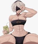  1girl abs absurdres black_blindfold blindfold breast_slip headband highres juice_box looking_at_viewer mole muscular muscular_female nier:automata nier_(series) solo sweat thick_thighs thighs toned white_background white_hair yoracrab yorha_no._2_type_b 