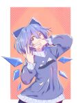  1girl absurdres alternate_costume blue_bow blue_eyes blue_hair blue_sweater border bow cirno dr._addamelech hair_bow highres ice ice_wings large_bow long_sleeves looking_at_viewer mountain red_background short_hair solo sweater touhou white_border wings 