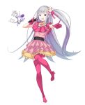  1girl cat dress emilia_(re:zero) frilled_gloves frills gloves glowstick hair_ornament highres hoshino_ai&#039;s_pose idol idol_clothes koushin_ryo long_hair microphone open_mouth oshi_no_ko penlight_(glowstick) pink_gloves pose_imitation puck_(re:zero) purple_eyes rabbit_hair_ornament re:zero_kara_hajimeru_isekai_seikatsu ribbon standing standing_on_one_leg star_(symbol) turtleneck_dress 