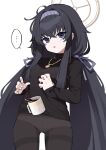  ... 1girl :&lt; bags_under_eyes black_sweater blue_archive blue_eyes blue_hairband blue_ribbon breasts coffee coffee_mug commentary_request crossed_bangs cup dropping gold_necklace hair_between_eyes hair_intakes hair_ribbon hairband halo highres jewelry loah_66 long_hair low_twintails messy_hair mug necklace no_pants open_mouth panties panties_under_pantyhose pantyhose ribbon simple_background sleeves_past_wrists small_breasts solo speech_bubble spoken_ellipsis standing surprised sweatdrop sweater thigh_gap thighband_pantyhose turtleneck turtleneck_sweater twintails ui_(blue_archive) underwear very_long_hair white_background 