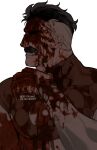  1boy black_hair blood blood_on_clothes blood_on_face blood_on_hands bodysuit closed_eyes crystallakec facial_hair highres invincible_(series) large_pectorals male_focus mature_male multicolored_hair muscular muscular_male mustache nolan_grayson omni-man pectorals red_bodysuit short_hair smile solo teeth twitter_username two-tone_bodysuit two-tone_hair white_bodysuit white_hair 