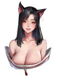  1girl absurdres ahri_(league_of_legends) animal_ears bare_shoulders black_hair breasts cleavage collarbone commentary_request cropped_torso facial_mark fox_ears fox_girl highres kidmo large_breasts league_of_legends light_blush long_hair looking_at_viewer orange_eyes parted_lips red_lips simple_background solo teeth whisker_markings white_background 