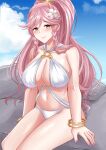  1girl absurdres alternate_breast_size bikini blue_sky bracelet braid breasts closed_mouth cloud commentary english_commentary fingernails fire_emblem fire_emblem_awakening flower hair_flower hair_ornament high_ponytail highres jewelry large_breasts lips long_hair navel olivia_(fire_emblem) outdoors pink_eyes pink_hair pink_lips pink_nails rock rynn_(darknescorez) sitting sitting_on_rock sky smile solo stomach swimsuit thighs very_long_hair white_bikini white_flower 
