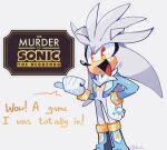  1boy absurdres alternate_costume alternate_universe animal_ears animal_nose blue_jacket boots commentary copyright_name english_commentary english_text furry furry_male gloves highres jacket logo looking_at_viewer male_focus olivashko open_mouth pointing signature silver_the_hedgehog simple_background smile solo sonic_(series) standing the_murder_of_sonic_the_hedgehog white_background white_gloves yellow_eyes 