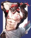  1boy absurdres armpit_hair arms_up bara beard chest_tattoo cowboy_shot dragon_(any) dragon_boy dragon_ears facial_hair furry furry_male hair_tie_in_mouth highres large_pectorals long_hair looking_at_viewer male_focus mature_male messy_hair mouth_hold muscular muscular_male original pectorals ppyong red_hair second-party_source solo tattoo thick_eyebrows topless_male towel_around_waist tying_hair wet 