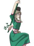  1girl absurdres arm_up bamboo breasts commentary eddybird55555 english_commentary green_eyes green_hair grin hat highres holding holding_stick leg_up looking_at_viewer parted_bangs simple_background small_breasts smile solo stick tate_eboshi teireida_mai touhou two-handed white_background 