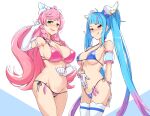  2girls bar_censor bikini blue_bikini blue_eyes blue_hair bow breasts censored closed_mouth condom condom_belt crotchless crotchless_swimsuit cure_prism cure_sky elbow_gloves gloves gradient_hair green_eyes hair_ornament heart highres hirogaru_sky!_precure large_breasts licking_lips long_hair magical_girl multicolored_hair multiple_girls nijigaoka_mashiro open_mouth pink_bikini pink_hair precure pussy smile sora_harewataru streaked_hair swimsuit tongue tongue_out twintails twogie very_long_hair white_gloves 