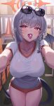  1boy 1girl absurdres ahoge arona&#039;s_sensei_doodle_(blue_archive) blue_archive breasts buruma candy cone demon_tail eyewear_on_head food grey_hair halo haruna_(blue_archive) haruna_(track)_(blue_archive) highres large_breasts open_mouth pov red_buruma red_eyes reflection salty_gana sensei_(blue_archive) shirt single_wing solo_focus sunglasses tail thighs tongue tongue_out wings 