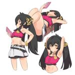  1girl armpits arms_behind_head arms_up basukechi bike_shorts bike_shorts_under_skirt black_hair black_shorts black_skirt bracelet brown_eyes camisole cellphone hand_on_own_hip idolmaster idolmaster_cinderella_girls idolmaster_cinderella_girls_u149 jewelry knees_up long_hair lying matoba_risa midriff multiple_views navel on_back phone purple_camisole ribbon short_shorts shorts skirt smartphone thighs twintails white_skirt 