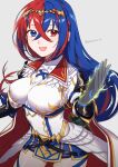  1girl alear_(awoken_divinity)_(fire_emblem) alear_(female)_(fire_emblem) alear_(fire_emblem) aura blue_eyes blue_hair braid breasts crossed_bangs feather_hair_ornament feathers fire_emblem fire_emblem_engage fire_emblem_heroes glowing glowing_hand glowing_hands hair_ornament heterochromia highres long_hair looking_at_viewer multicolored_hair official_alternate_costume peach11_01 red_eyes red_hair smile solo split-color_hair tiara two-tone_hair very_long_hair white_feathers 