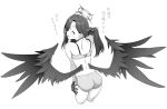  1girl aya_shachou blue_archive bra choker closed_eyes cropped_legs earrings feathered_wings gloves halo highres ichika_(blue_archive) jewelry leaning_forward long_hair looking_at_viewer looking_back low_wings monochrome open_mouth simple_background smile solo translation_request underwear white_background wings 