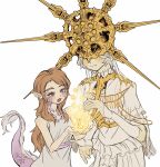  1boy 1girl :o absurdres blush brother_and_sister brown_hair company_captain_yorshka covered_eyes dark_souls_(series) dark_souls_i dark_souls_iii dark_sun_gwyndolin dragon_girl dress glowing gold_headwear helmet_over_eyes highres long_hair otoko_no_ko pointy_ears robe scales siblings smile snake sun_symbol tail translation_request white_hair white_robe zunkome 