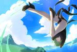  1girl arms_up ass aura black_dress breasts closed_mouth cloud cloudy_sky curly_hair dress english_commentary floating full_body green_eyes green_hair highres levitation looking_at_viewer no_panties one-punch_man petite pomelomelon psychic short_hair side_slit sky small_breasts solo tatsumaki telekinesis thighs upside-down 