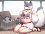  1girl animal_ears ankle_lace-up arctic_wolf_(kemono_friends) bikini bow bow_bikini breasts cleavage cooler curvy fang food highres kemono_friends kemono_friends_3 large_breasts long_hair midriff mo23 mouth_hold plump popsicle sandals sarong sitting snowman solo sweat swimsuit tail very_long_hair wariza white_hair wide_hips wolf_ears wolf_tail yellow_eyes 