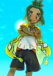  1boy crossed_arms dark-skinned_male dark_skin green_eyes green_hair hau_(pokemon) hau_(sygna_suit)_(pokemon) highres jewelry lightning_bolt_symbol looking_at_viewer male_focus necklace official_alternate_costume pitorigoto pokemon pokemon_(game) pokemon_masters_ex ponytail shirt smile solo sun twitter_username white_shirt 