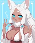  1girl :d animal_ear_fluff animal_ears blue_background blue_eyes blush breasts cleavage commentary double_v fang forehead grey_hair hands_up highres large_breasts long_hair long_sleeves looking_at_viewer original ransusan ribbon-trimmed_sleeves ribbon_trim short_eyebrows smile solo star_(symbol) thick_eyebrows translation_request upper_body v very_long_hair wide_sleeves 