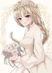  1girl absurdres bare_shoulders bouquet braid braided_ponytail bride dark_skin dress earrings flower flower_wreath frilled_sleeves frills highres holding holding_bouquet itsuki_isshiki jewelry lace_trim light_brown_hair long_sleeves necklace nijisanji sidelocks sister_cleaire sleeves_past_wrists smile solo virtual_youtuber wedding_dress white_dress white_flower 