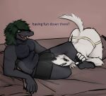  anthro armpit_hair ass_up bed body_hair boxer_briefs boxer_briefs_only bulge canid canine canis claws clothed clothing crotch_sniffing dark_body dark_scales dialogue digital_media_(artwork) domestic_dog duo english_text fur furniture green_eyes green_hair grin hair head_in_crotch jockstrap jockstrap_only leg_grab leg_wrap lying male male/male mammal musk musk_clouds musk_fetish nipples on_bed open_mouth reptile scales scalie shaded smile sniffing tail talking_to_another talking_to_partner teeth text topless underwear underwear_only venerabilitor white_body white_fur 