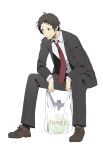  1boy adachi_tooru ahoge bag black_eyes black_hair black_jacket black_pants brown_footwear cabbage closed_mouth collared_shirt commentary_request full_body highres holding holding_bag jacket long_sleeves looking_to_the_side male_focus necktie pants persona persona_4 plastic_bag red_necktie shirt shoes short_hair simple_background sitting solo suit white_background white_shirt yoshino_saku 