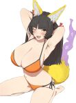  1girl animal_ears armpits arms_behind_head bikini black_hair blush breasts collarbone fang fox_ears fox_girl fox_girl_(mdf_an) fox_tail hime_cut huge_breasts long_hair looking_at_viewer makeup mdf_an navel one_eye_closed open_mouth orange_bikini original sidelocks simple_background solo stomach swimsuit tail white_background 