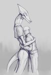  2023 alien anthro bald barely_visible_bulge biped bottomwear bulge clothed clothing duo embrace eyes_closed hug human larger_anthro larger_male male mammal monochrome monster pants pantsless pantsless_anthro shirt simple_background size_difference smaller_human smaller_male sweater tail taulsol_(teraurge) teraurge topwear vastlam 