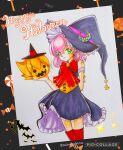  1girl alternate_costume bat_(animal) blush butz_klauser candy crescent final_fantasy final_fantasy_v food green_eyes halloween happy_halloween hat highres hio-sazanami jack-o&#039;-lantern lenna_charlotte_tycoon lollipop looking_at_viewer pink_hair red_ribbon ribbon short_hair traditional_media white_background witch witch_hat 