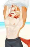  2023 abs absurd_res adkt anthro areola arknights beach bottomwear canid canine canis clothing domestic_dog fur hair hi_res horn hung_(arknights) hypergryph long_hair looking_at_viewer male mammal muscular muscular_anthro muscular_male one_eye_closed open_mouth orange_hair orange_horn orange_tail pants sand sea seaside solo studio_montagne tail tan_body tan_fur undressing water white_body white_fur white_hair yellow_eyes 