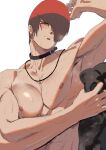  1boy bara beniazumaru black_choker choker closed_mouth hair_over_one_eye highres holding holding_towel large_pectorals male_focus muscular muscular_male nipples pectorals red_hair short_hair simple_background solo the_king_of_fighters the_king_of_fighters_&#039;95 towel upper_body white_background yagami_iori 