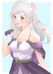  1girl alternate_costume bare_shoulders breasts cleavage commentary fingerless_gloves fire_emblem fire_emblem_awakening fire_emblem_heroes gloves hand_up highres long_hair looking_at_viewer medium_breasts off-shoulder_shirt off_shoulder official_alternate_costume parted_lips purple_eyes purple_gloves robin_(female)_(fire_emblem) robin_(female)_(valentine)_(fire_emblem) robin_(fire_emblem) sayaka_(fe_uma274) shirt smile solo twintails upper_body white_hair white_shirt 