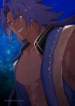  1boy abs bara bare_pectorals bhima_(fate) dark-skinned_male dark_skin fate/grand_order fate_(series) glowing glowing_eyes grin highres large_pectorals long_hair looking_at_viewer male_focus muscular muscular_male pectorals purple_eyes purple_hair smile solo thick_eyebrows upper_body vest wakuwakumuscle 