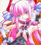  1girl armpits asymmetrical_horns black_dress breasts commentary_request detached_sleeves dress elizabeth_bathory_(fate) elizabeth_bathory_(fate/extra_ccc) elizabeth_bathory_(first_ascension)_(fate) fate/grand_order fate_(series) fingernails hair_ribbon hand_on_own_hip horns licking licking_finger long_fingernails long_hair looking_at_viewer mizuki_hitoshi pink_hair pointy_ears purple_eyes ribbon small_breasts solo tongue tongue_out twintails uneven_horns upper_body wrist_cuffs 