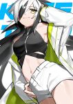  1girl absurdres bare_shoulders black_hair black_tank_top closed_mouth colored_inner_hair fate/grand_order fate_(series) green_eyes hair_over_one_eye highres jacket kodzukinagara koha-ace long_hair looking_at_viewer midriff multicolored_hair nagao_kagetora_(fate) navel off_shoulder one_eye_covered open_clothes open_jacket shorts sleeveless smile solo stomach tank_top two-tone_hair very_long_hair white_hair white_jacket white_shorts 