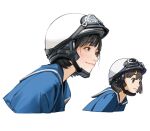  1girl black_hair blue_sailor_collar blue_shirt cropped_shoulders goggles goggles_on_headwear medium_hair multiple_views original profile rinotuna sailor_collar shirt simple_background smile white_background white_helmet 