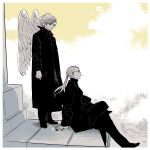  2boys angel_wings black_coat black_nails blonde_hair cigarette cloud cloudy_sky coat crossed_legs daybit_sem_void fate/grand_order fate_(series) heaven long_hair long_sleeves male_focus multiple_boys nail_polish nobicco outdoors ponytail profile short_hair sitting sky sunglasses tezcatlipoca_(fate) wings 