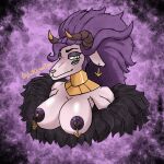  2_ears 4_eyes anthro big_breasts bovid breasts caprine ear_piercing eldritch_abomination female fur goat gold_(metal) gold_jewelry green_eyes hair hi_res horn jewelry justoceantea long_hair looking_at_viewer mammal multi_eye nipple_piercing nipples piercing pink_body pink_fur purple_hair purple_nipples rhok&#039;zan_(sucker_for_love) solo sucker_for_love 