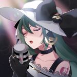  1girl black_bow black_choker black_gloves bow choker closed_eyes dark_miku_(project_voltage) earrings gloves green_hair hat hat_bow hatsune_miku highres jewelry luxury_ball microphone music off_shoulder poke_ball pokemon project_voltage ring sani_(saaanii) singing twintails vocaloid 