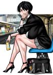 1girl absurdres bare_legs black_eyes black_hair breasts crossed_legs drink drinking drinking_straw from_side high_heels highres holding holding_drink large_breasts looking_to_the_side office_lady original short_hair skirt solo watch yotaro 