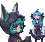  2girls ahoge black_bow black_dress black_gloves black_hoodie blush bow closed_eyes collarbone dress ears_through_headwear facing_viewer feet_out_of_frame gloves green_hair grey_dress gwen_(league_of_legends) hair_bow hood hood_up hoodie league_of_legends leaning_forward long_hair multiple_girls phantom_ix_row pink_background simple_background vex_(league_of_legends) yordle 