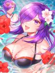 1boy 1girl :d absurdres bare_shoulders bikini black_bikini black_choker breasts choker cleavage commentary_request dual_persona fire_emblem fire_emblem:_three_houses fire_emblem_heroes fire_emblem_warriors:_three_hopes flower hair_flower hair_ornament hair_over_one_eye hibiscus highres large_breasts long_hair looking_at_viewer pink_flower purple_eyes purple_hair red_flower shez_(female)_(fire_emblem) shez_(fire_emblem) shez_(male)_(fire_emblem) short_hair smile sparkle swimsuit upper_body youhei_choregi 