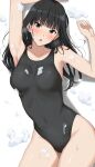  1girl amagami ayatsuji_tsukasa black_eyes black_hair black_one-piece_swimsuit blunt_bangs blush breasts commentary_request covered_navel foam long_hair looking_at_viewer lying medium_breasts mobu on_back one-piece_swimsuit open_mouth solo swimsuit thighs wet 