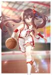  1girl absurdres basketball brown_hair flat_chest flower flower-shaped_pupils highres hu_tao_(genshin_impact) loose_clothes loose_shirt non-web_source red_eyes red_flower shirt symbol-shaped_pupils white_shirt 