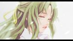  1girl blurry commentary_request eyelashes green_eyes green_hair hair_ribbon higurashi_no_naku_koro_ni inoitoh letterboxed parted_lips portrait profile red_lips ribbon solo sonozaki_shion yellow_ribbon 