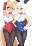  2girls alternate_costume animal_ears arm_behind_head ass_visible_through_thighs bald_eagle_(kemono_friends) bare_shoulders bird_girl bird_tail bird_wings black_pantyhose blonde_hair blue_choker blue_leotard blush brown_hair bunny_day choker commentary covered_navel cowboy_shot coyote_(kemono_friends) elbow_gloves extra_ears gloves hair_between_eyes hand_around_waist hand_on_another&#039;s_hip head_wings highres illu_(illu_stratos) impossible_clothes impossible_leotard kemono_friends leotard looking_at_viewer multicolored_hair multiple_girls navel pantyhose playboy_bunny red_choker red_gloves red_leotard short_hair sidelocks smile star_(symbol) strapless strapless_leotard symbol-only_commentary tail two-tone_leotard white_gloves white_hair white_leotard wings wolf_ears wolf_girl wolf_tail yellow_eyes 