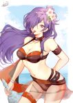  1girl arm_behind_back atoatto bikini black_bikini breasts cleavage commentary fire_emblem fire_emblem:_three_houses fire_emblem_heroes fire_emblem_warriors:_three_hopes floating_hair flower hair_bun hair_flower hair_ornament hair_over_one_eye holding long_hair looking_at_viewer medium_breasts mouth_hold navel official_alternate_costume one_eye_covered pink_flower purple_eyes purple_hair see-through shez_(female)_(fire_emblem) shez_(female)_(summer)_(fire_emblem) shez_(fire_emblem) signature single_hair_bun solo stomach swimsuit whistle whistle_around_neck 