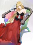  1girl absurdres arm_up bare_shoulders blonde_hair blush breasts brown_eyes cleavage closed_mouth collarbone commentary dress elbow_gloves english_commentary eyelashes full_body gloves grey_background hand_up highres kiss-shot_acerola-orion_heart-under-blade large_breasts long_dress long_hair looking_at_viewer monogatari_(series) oshino_shinobu parted_bangs pointy_ears red_dress sidelocks sitting solo strapless strapless_dress tabulagami very_long_hair white_gloves 