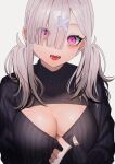  1girl black_sweater breasts cleavage_cutout clothing_cutout gomo grey_hair hair_ornament hair_over_one_eye highres large_breasts long_hair long_sleeves mole mole_under_eye nijisanji open_mouth purple_eyes simple_background solo sukoya_kana sweater twintails virtual_youtuber white_background x_hair_ornament 