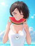  1girl bare_shoulders black_hair breasts cleavage closed_eyes eating food fruit highres leo_queval ocean short_hair smile solo summer tattoo umi_and_iris umi_shimizu watermelon 