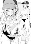  1girl artist_name barefoot bikini bikini_under_clothes blush breasts closed_mouth clothes_lift collarbone commentary_request dated grey_background greyscale hat highres holding holding_clothes holding_footwear kichihachi large_breasts lifted_by_self looking_at_viewer monochrome multiple_views navel original sandals shirt shirt_lift short_hair simple_background smile standing swimsuit tied_shirt toes two-tone_background wet wet_clothes wet_shirt white_background 