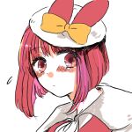  1girl animal_ears arima_kana beret blush bob_cut closed_mouth dress hat inverted_bob my_melody oshi_no_ko osnk_rya rabbit_ears red_dress red_eyes red_hair ribbon short_hair simple_background upper_body white_background white_headwear yellow_ribbon 