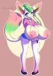  anthro areola big_breasts blue_eyes bottomwear breasts clothing eeveelution exposed_breasts female generation_4_pokemon green_body green_hair hair hi_res hoodie huge_breasts hyper hyper_breasts leafeon looking_at_viewer mazzlerazz multicolored_body nintendo nipples pink_body pokemon pokemon_(species) shirt signature simple_background skirt smile solo standing tail tan_body text thick_thighs topwear unknown_character wide_hips 